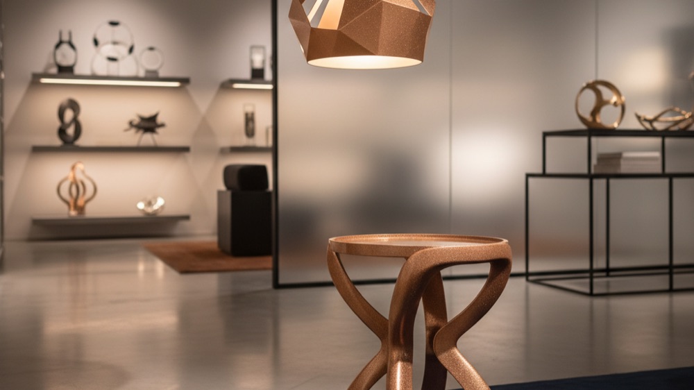 Mobiliario decorativo y luminarias con acabado metálico cobre-bronce