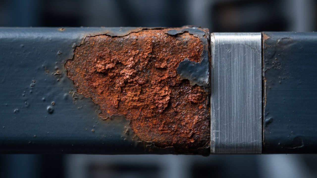 Corrosión galvánica avanzando en la unión de dos metales sobre una viga estructural pintada